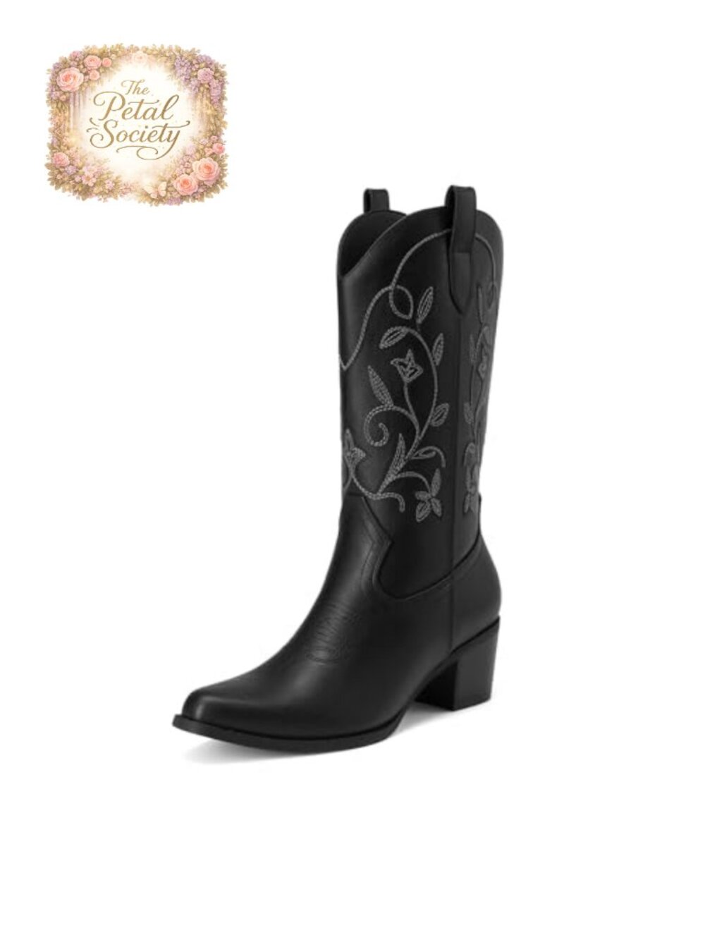 Women's Western Mid Calf Cowboy Boots Faux Leather Chunky Heel Embroidered